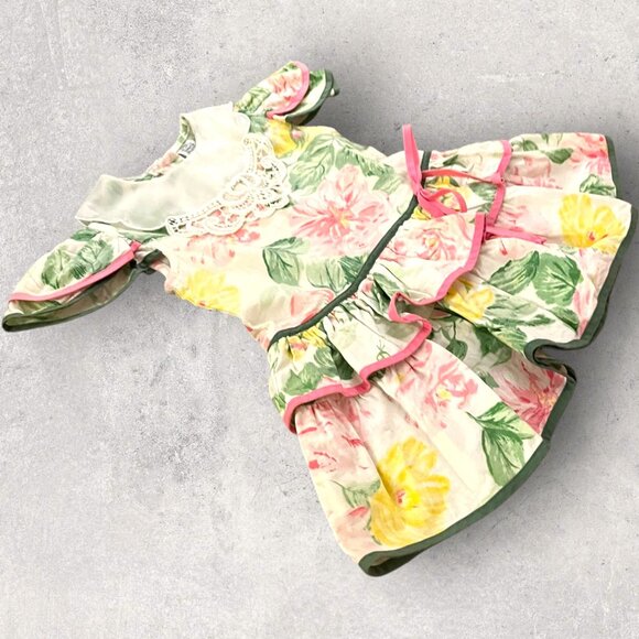 2T Girls Vintage Winnie the Pooh 80s Floral Spring Dress Lace Bib, Tiered Skirt - Picture 4 of 8